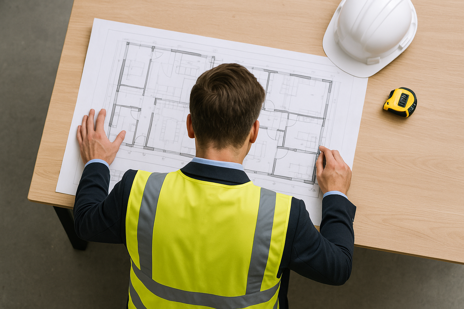 Plans et casque de chantier